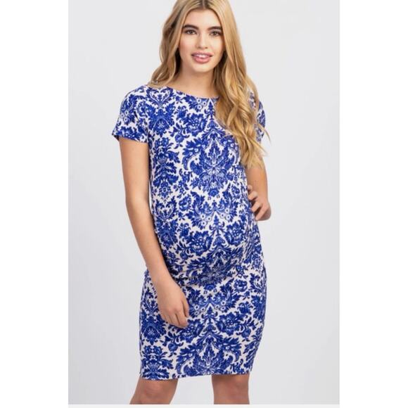 Pinkblush Maternity White and Blue Damask Print Dress Size Medium - Picture 1 of 5